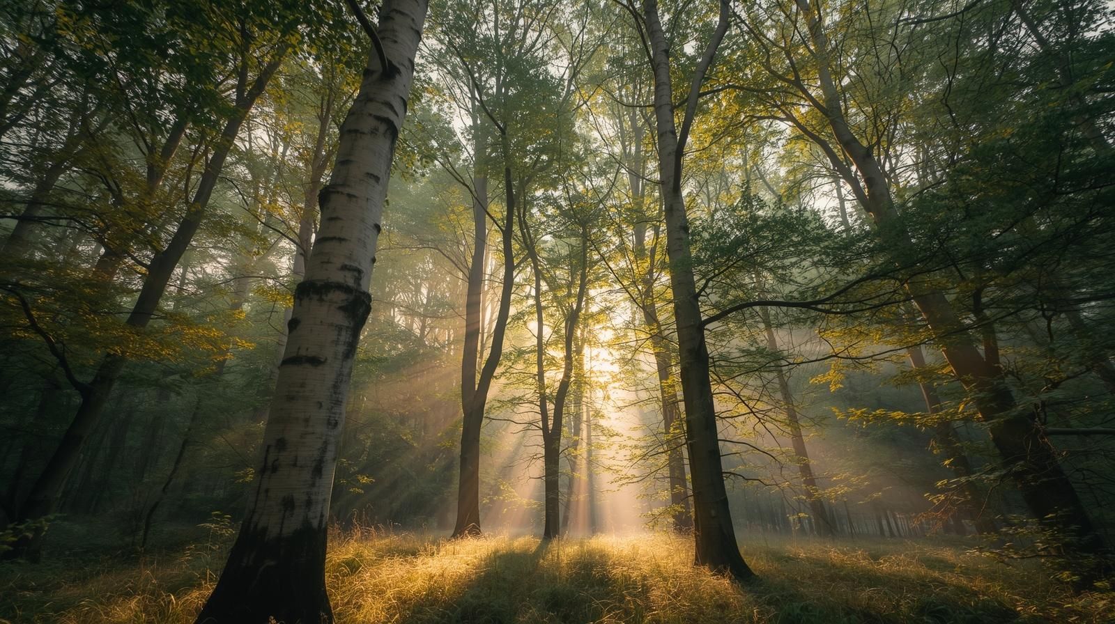 Sunlight streaming through a quiet birch wood