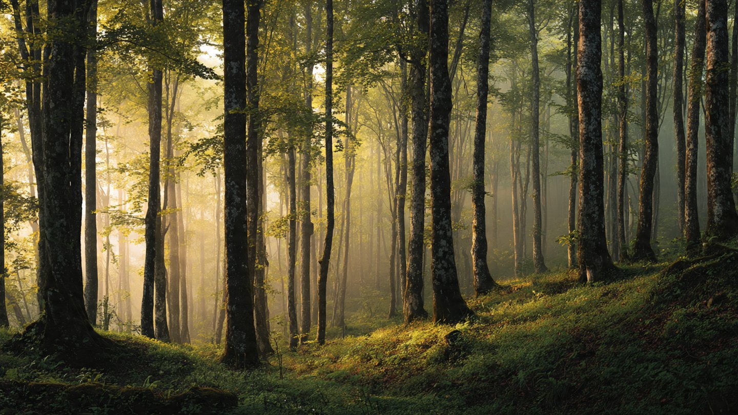 Warm morning light across a green woodland slope