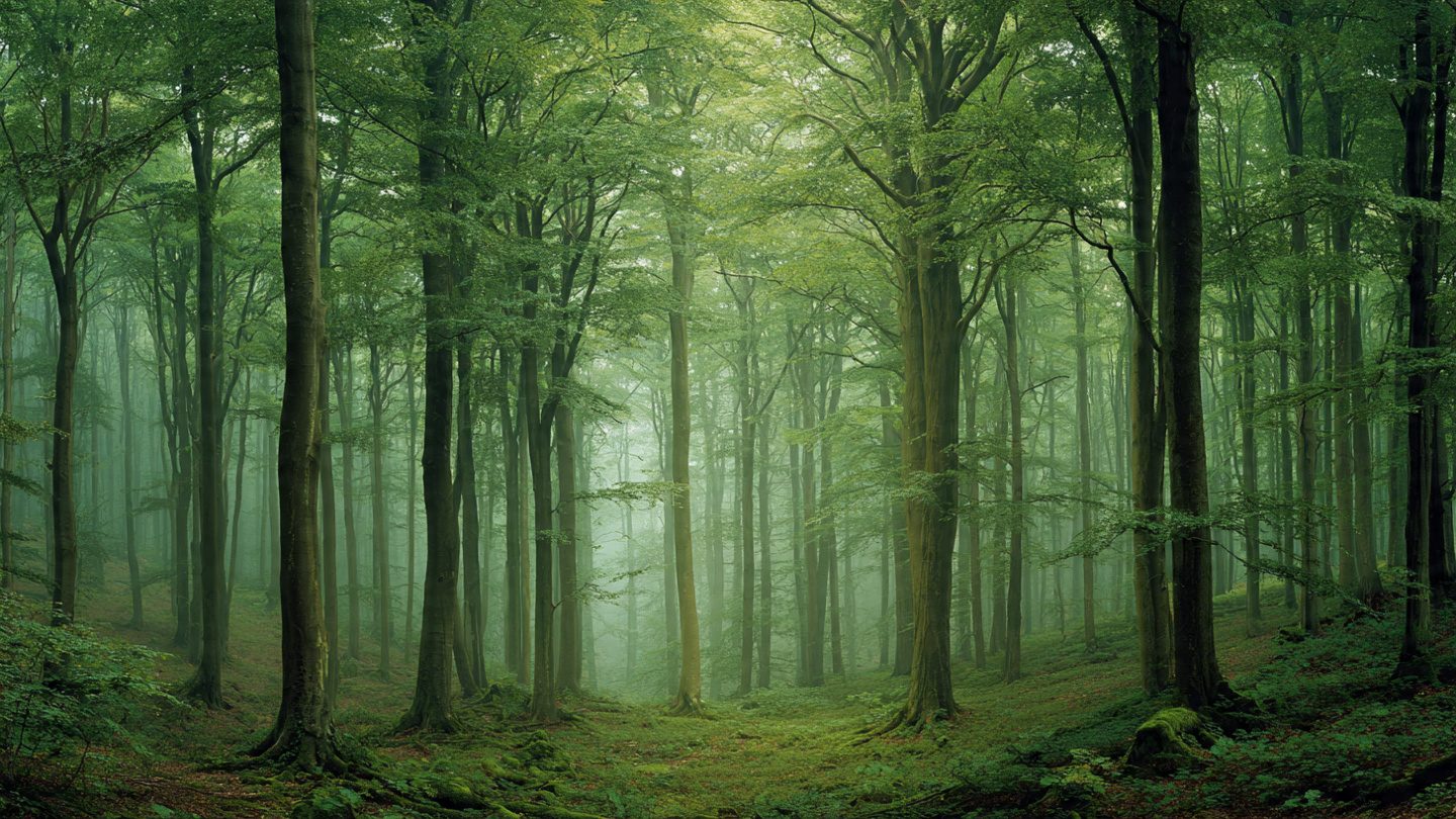 Sunlight breaking through a forest canopy